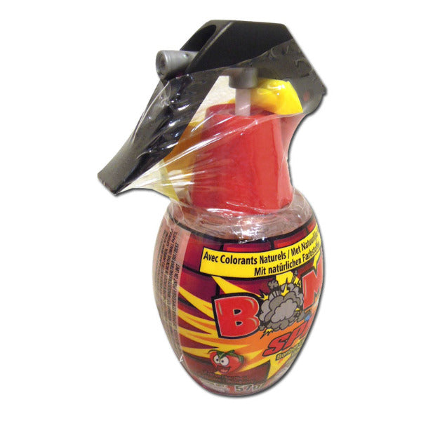 Spray bottle of ’B’ brand candy or flavoring with a cartoon explosion graphic on the label.