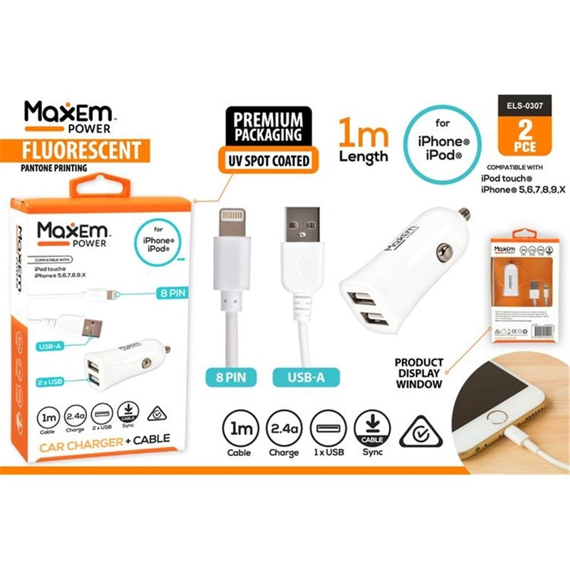 Car charger and cable set for iPhone and iPod devices with packaging details.