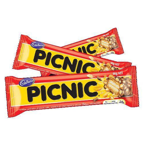 Cadbury Picnic chocolate bars in red and yellow packaging.
