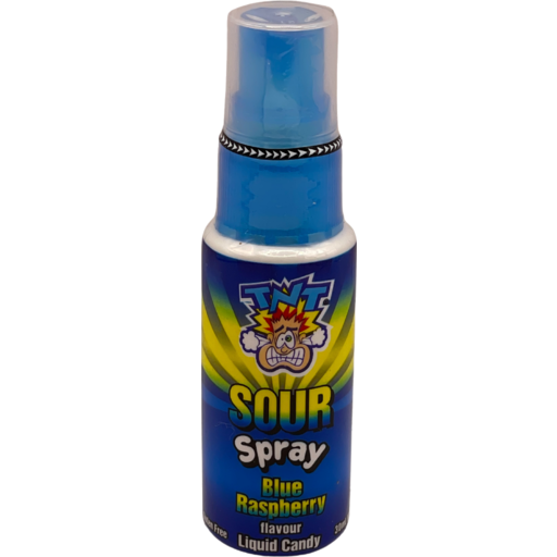 Blue raspberry flavored sour spray candy in a small bottle with a colorful label.