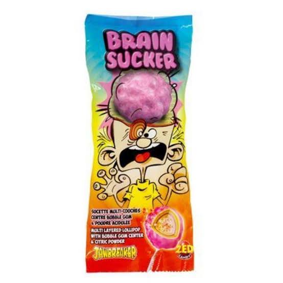 Candy package featuring a cartoon character with a pink brain-shaped lollipop on its head, labeled ’Brain Sucker’.