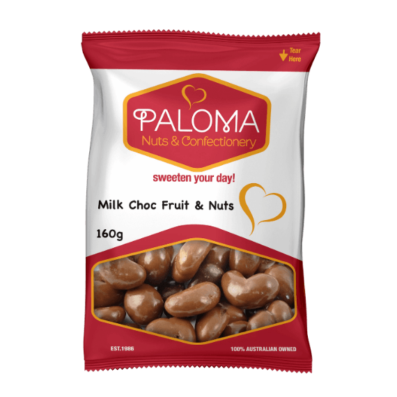 Bag of Paloma brand milk chocolate-covered fruit and nuts.