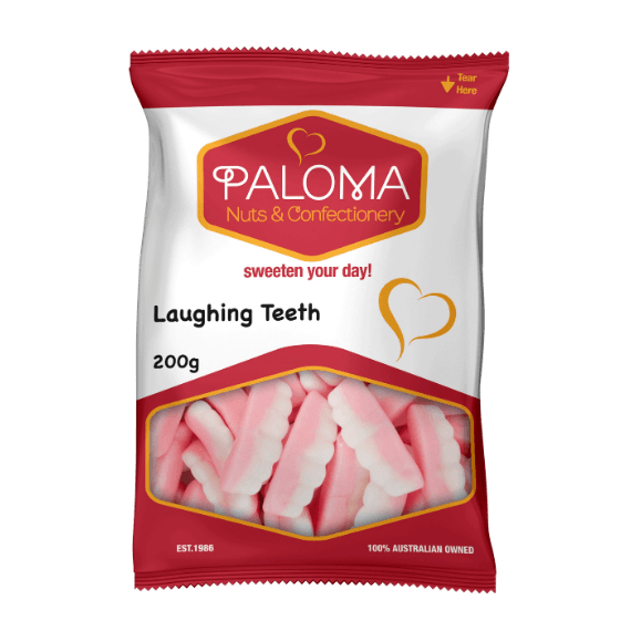 Bag of pink and white candy called ’Laughing Teeth’ from Paloma Nuts & Confectionery.