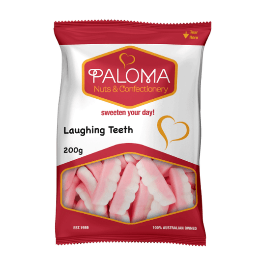 Bag of pink and white candy called ’Laughing Teeth’ from Paloma Nuts & Confectionery.
