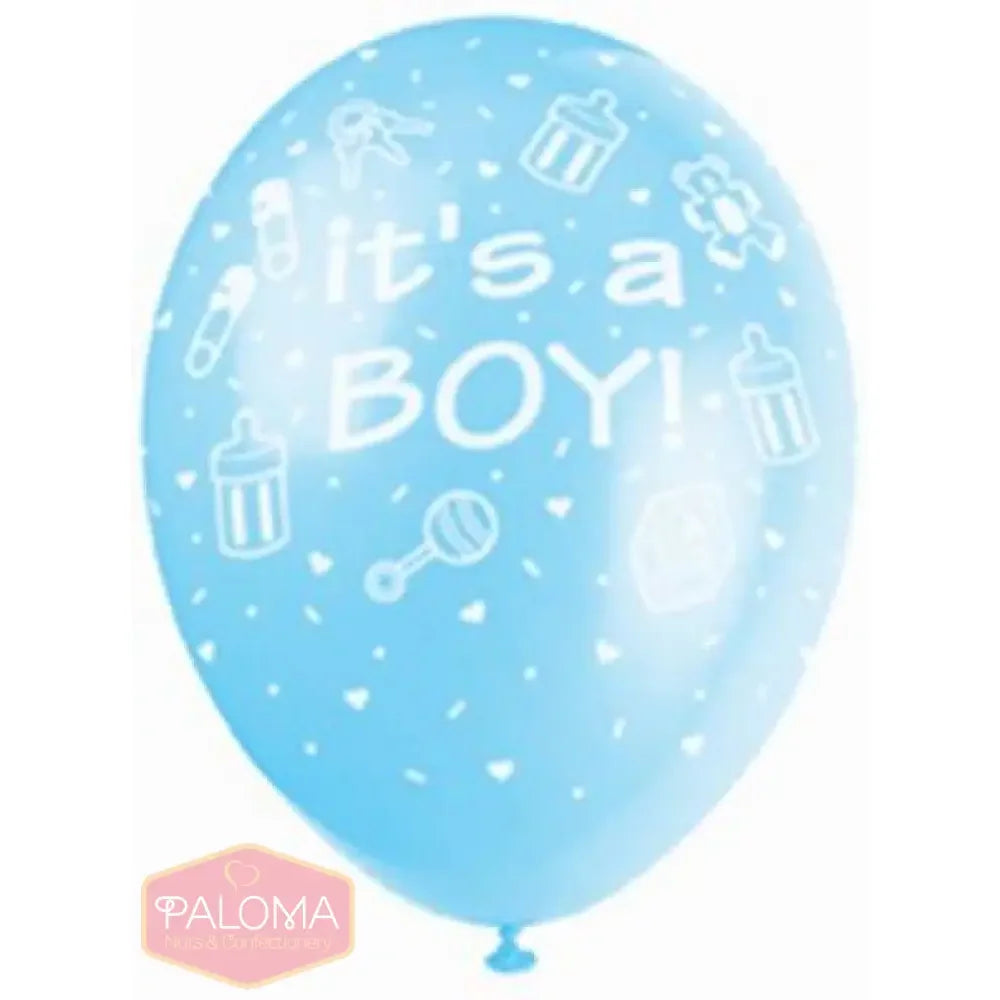 Light blue balloon with ’It’s a BOY!’ text and baby-related icons printed on it.