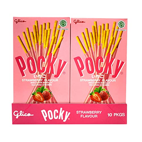 Box containing strawberry-flavored Pocky stick snacks.