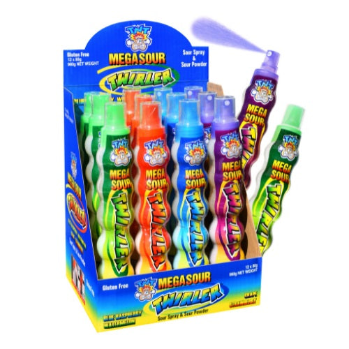 Colorful display box containing bottles of Mega Sour Squirter candy spray in various flavors.