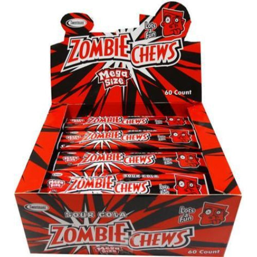 Display box of ’Zombie Chews’ candy containing multiple individually wrapped chewy candies.