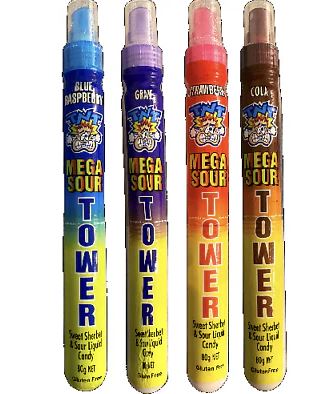 Four colorful candy spray bottles labeled ’Mega Sour Tower’ in different flavors.
