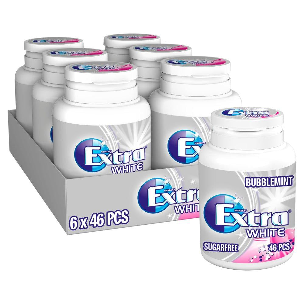 Pack of Extra White sugar-free bubblemint chewing gum bottles.