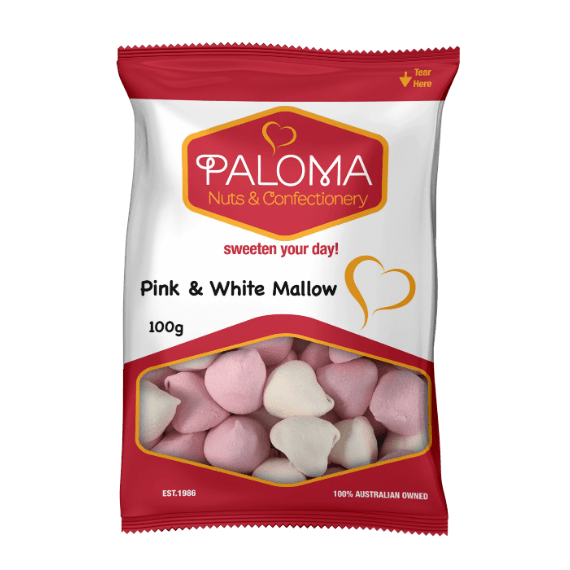 Bag of pink and white heart-shaped marshmallows from the Paloma brand.