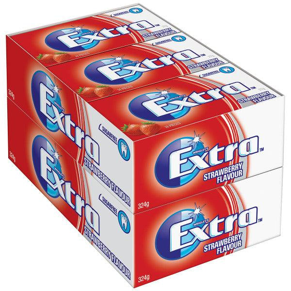 Box of Extra strawberry flavored chewing gum packs.