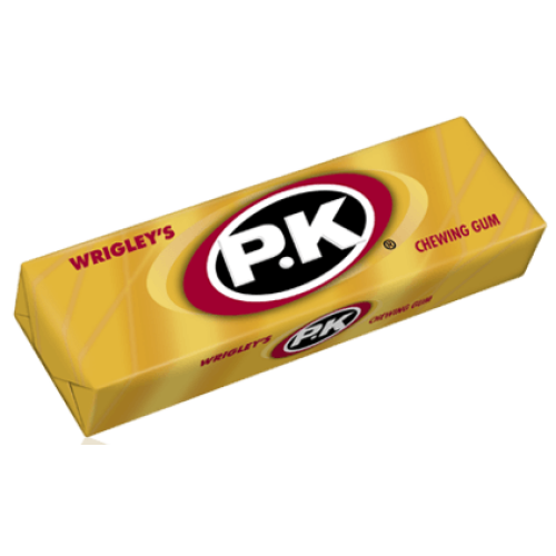 Pack of Wrigley’s P.K. chewing gum in a yellow wrapper.